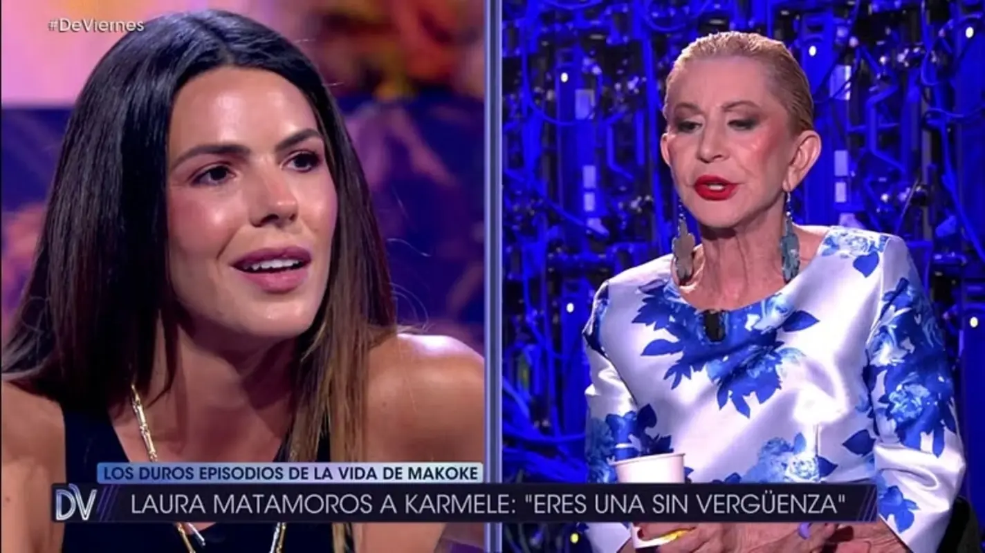 El monumental ataque de Laura Matamoros contra Karmele Marchante en directo | Fuente: Mediaset El monumental ataque de Laura Matamoros contra Karmele Marchante en directo