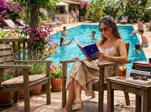 Persona leyendo un libro en sus vacaciones. Persona leyendo un libro de Amazon en sus vacaciones.