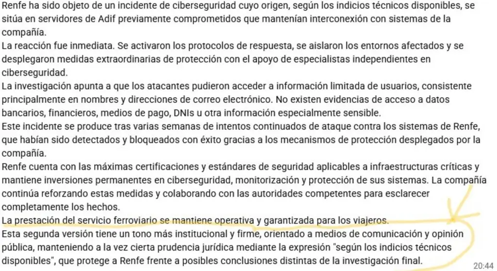 El Gobierno y Renfe tapan el robo de 150 millones de datos con IA y el regreso de "la galleta" 1 Comunicado redactado con IA sobre el ciberataque a Renfe