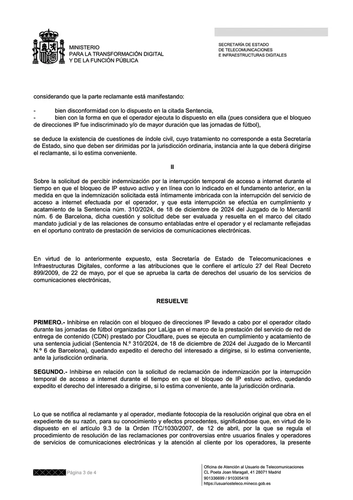 El Gobierno y el Poder Judicial se lavan las manos con los bloqueos de internet de LaLiga que afectan a terceros 2 Escrito de la Secretaría de Estado de Telecomunicaciones e Infraestructuras Digitales