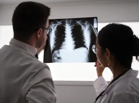 fibrosis pulmonar Dos médicos estudian una imagen de rayos X