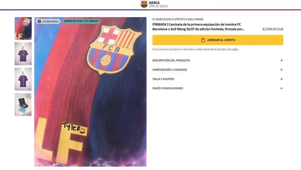 Hasta 3.000 euros por una camiseta del Barça: Spotify y Nike revientan el negocio del Clásico 1 Camiseta del Barça para El Clásico firmada por Tyler The Creator