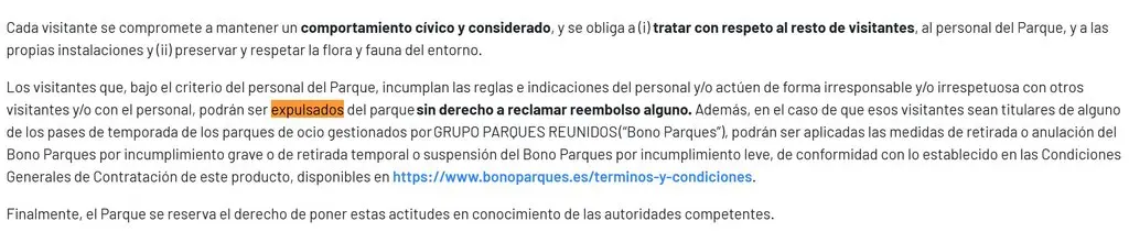 Un extracto de la normativa de Bono Parques donde se habla de la expulsión de visitantes 