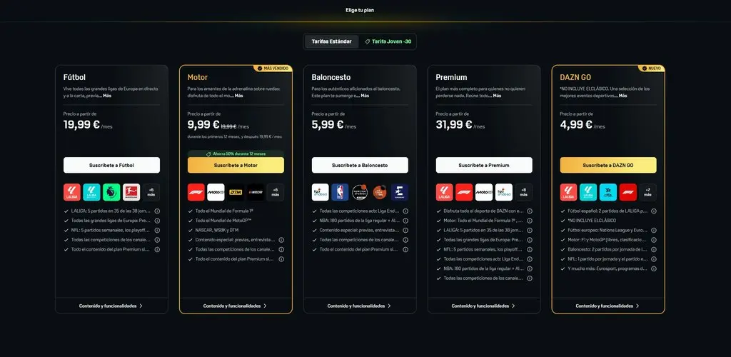 Las "migajas" de DAZN para facturar 1.000 millones en 2026: nuevo plan barato y cada vez más ofertas 1 Planes de DAZN a 28 de octubre de 2026, con el nuevo DAZN Go en funcionamiento
