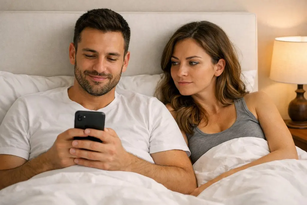 Desconexión digital en fin de semana: estrategias para descansar de las pantallas 10 pareja movil cama 1024x683 1